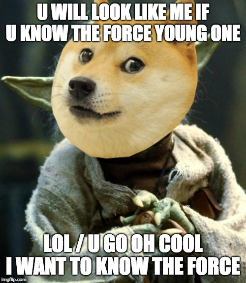 doge yoda meme | U WILL LOOK LIKE ME IF U KNOW THE FORCE YOUNG ONE; LOL / U GO OH COOL I WANT TO KNOW THE FORCE | image tagged in funny | made w/ Imgflip meme maker