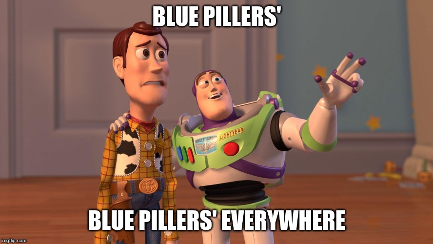 Woody and Buzz Lightyear Everywhere Widescreen | BLUE PILLERS'; BLUE PILLERS' EVERYWHERE | image tagged in woody and buzz lightyear everywhere widescreen | made w/ Imgflip meme maker