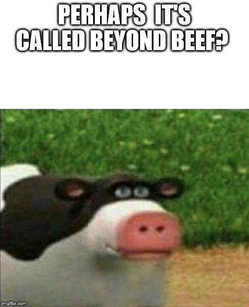 Perhaps cow | PERHAPS  IT'S CALLED BEYOND BEEF? | image tagged in perhaps cow | made w/ Imgflip meme maker