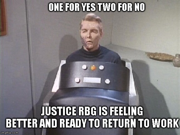 One for yes, two for no | ONE FOR YES TWO FOR NO; JUSTICE RBG IS FEELING BETTER AND READY TO RETURN TO WORK | image tagged in rbg,ruth bader ginsburg,democrat | made w/ Imgflip meme maker