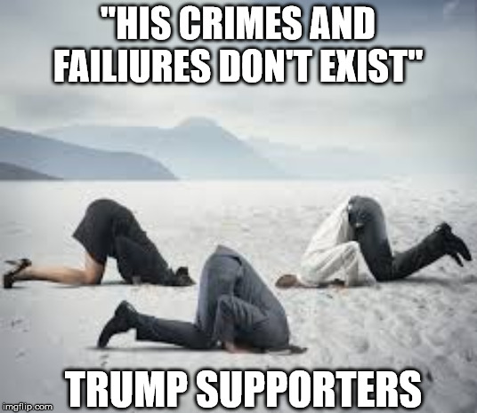 Trump supporters stand firm, with head in sand | "HIS CRIMES AND FAILIURES DON'T EXIST"; TRUMP SUPPORTERS | image tagged in ostrich head in sand,trump supporter,maga,donald trump,fraud,tax evasion | made w/ Imgflip meme maker