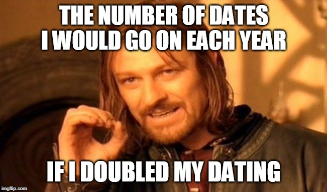 One Does Not Simply | THE NUMBER OF DATES I WOULD GO ON EACH YEAR; IF I DOUBLED MY DATING | image tagged in memes,one does not simply | made w/ Imgflip meme maker