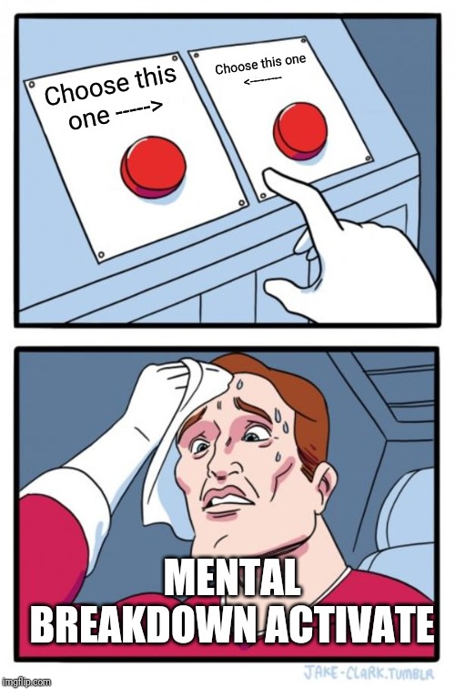 Two Buttons Meme | Choose this one
<---------; Choose this one ----->; MENTAL BREAKDOWN ACTIVATE | image tagged in memes,two buttons | made w/ Imgflip meme maker