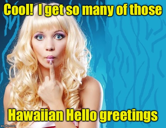 ditzy blonde | Cool!  I get so many of those Hawaiian Hello greetings | image tagged in ditzy blonde | made w/ Imgflip meme maker