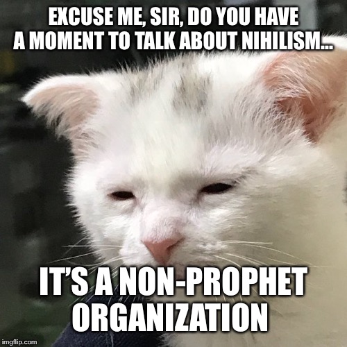 Depressed Cat | EXCUSE ME, SIR, DO YOU HAVE A MOMENT TO TALK ABOUT NIHILISM... IT’S A NON-PROPHET ORGANIZATION | image tagged in depressed cat,memes,nihilism | made w/ Imgflip meme maker