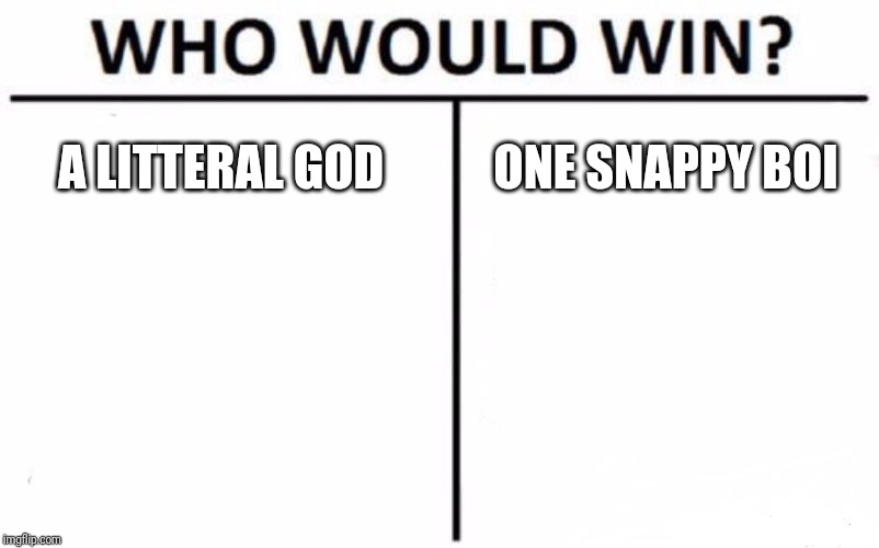 Who Would Win? Meme | A LITTERAL GOD; ONE SNAPPY BOI | image tagged in memes,who would win | made w/ Imgflip meme maker