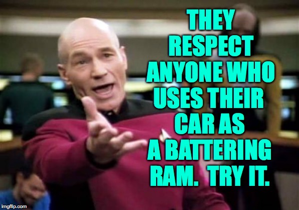 Picard Wtf Meme | THEY RESPECT ANYONE WHO USES THEIR CAR AS A BATTERING RAM.  TRY IT. | image tagged in memes,picard wtf | made w/ Imgflip meme maker