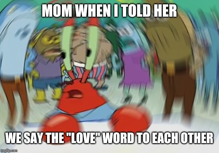 Mr Krabs Blur Meme Meme | MOM WHEN I TOLD HER; WE SAY THE "LOVE" WORD TO EACH OTHER | image tagged in memes,mr krabs blur meme | made w/ Imgflip meme maker