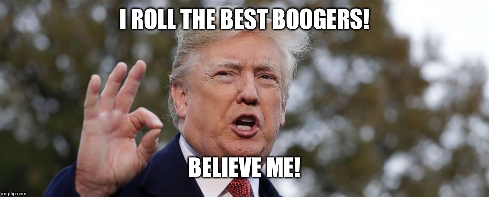 ‘Snot politically correct | I ROLL THE BEST BOOGERS! BELIEVE ME! | image tagged in trump,boogers | made w/ Imgflip meme maker
