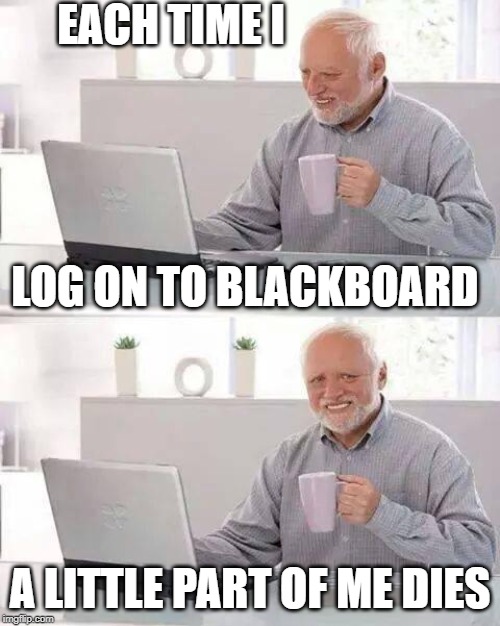 The Pain of Blackboard | EACH TIME I; LOG ON TO BLACKBOARD; A LITTLE PART OF ME DIES | image tagged in memes,hide the pain harold,blackboard,school,group projects,wikis | made w/ Imgflip meme maker
