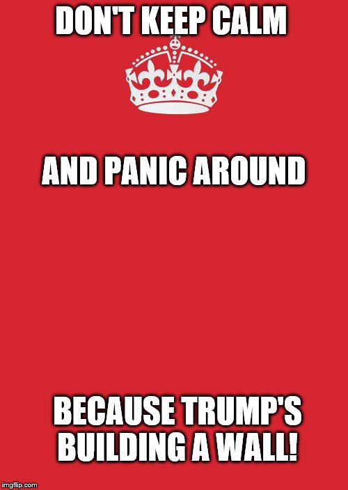Keep Calm And Carry On Red | DON'T KEEP CALM; AND PANIC AROUND; BECAUSE TRUMP'S BUILDING A WALL! | image tagged in memes,keep calm and carry on red | made w/ Imgflip meme maker