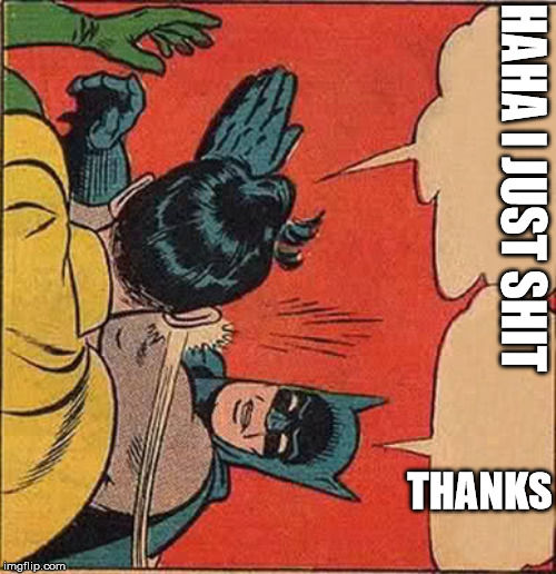 Batman Slapping Robin | HAHA I JUST SHIT; THANKS | image tagged in memes,batman slapping robin | made w/ Imgflip meme maker