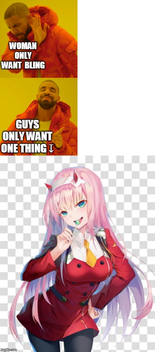 i Iove my waifu ...more then the girlfriend i dont have xD | WOMAN ONLY WANT  BLING; GUYS ONLY WANT ONE THING ↧ | image tagged in memes,drake hotline bling,waifu | made w/ Imgflip meme maker