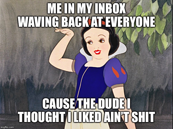 snow white wave | ME IN MY INBOX WAVING BACK AT EVERYONE; CAUSE THE DUDE I THOUGHT I LIKED AIN’T SHIT | image tagged in snow white wave | made w/ Imgflip meme maker