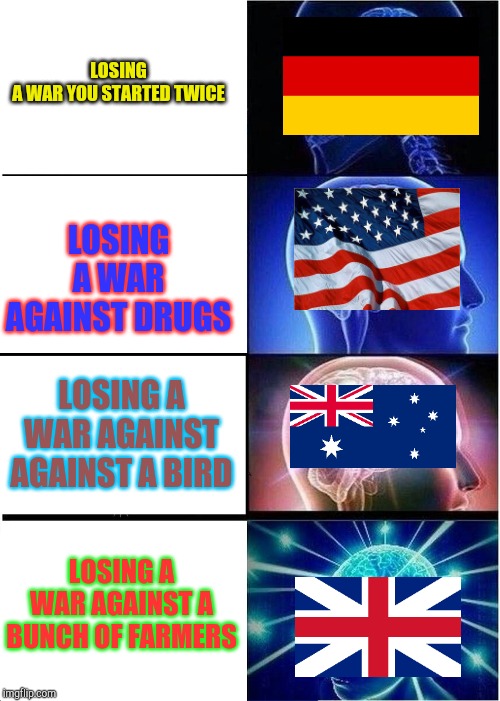 Expanding Brain | LOSING A WAR YOU STARTED TWICE; LOSING A WAR AGAINST DRUGS; LOSING A WAR AGAINST AGAINST A BIRD; LOSING A WAR AGAINST A BUNCH OF FARMERS | image tagged in memes,expanding brain | made w/ Imgflip meme maker