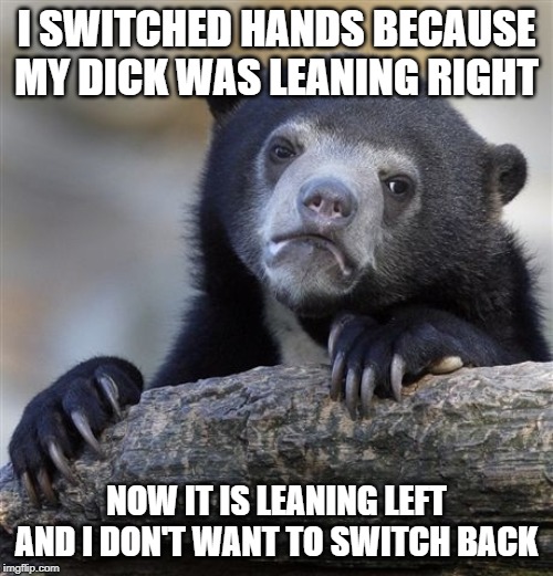 Confession Bear | I SWITCHED HANDS BECAUSE MY DICK WAS LEANING RIGHT; NOW IT IS LEANING LEFT AND I DON'T WANT TO SWITCH BACK | image tagged in memes,confession bear,AdviceAnimals | made w/ Imgflip meme maker
