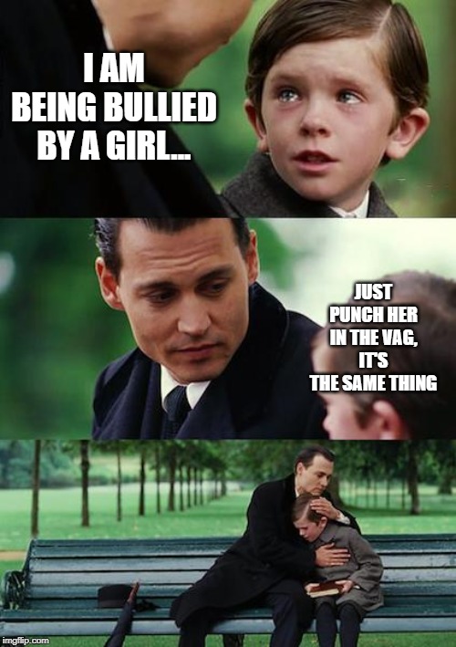 It Hurts Too | I AM BEING BULLIED BY A GIRL... JUST PUNCH HER IN THE VAG, IT'S THE SAME THING | image tagged in memes,finding neverland | made w/ Imgflip meme maker