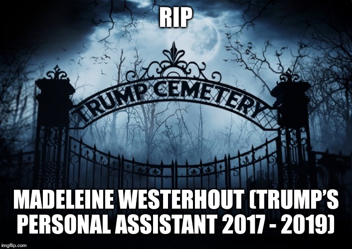 Rip Madeleine Westerhout | RIP; MADELEINE WESTERHOUT (TRUMP’S PERSONAL ASSISTANT 2017 - 2019) | image tagged in rip,madeleine westerhout,trump administration,donald trump,resignation,personal assistant | made w/ Imgflip meme maker