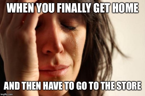 First World Problems | WHEN YOU FINALLY GET HOME; AND THEN HAVE TO GO TO THE STORE | image tagged in memes,first world problems | made w/ Imgflip meme maker