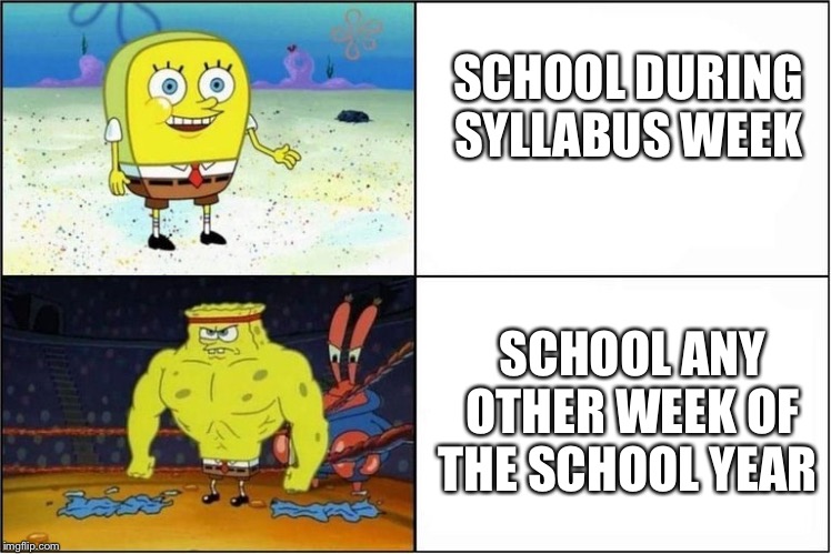 Weak vs Strong Spongebob | SCHOOL DURING SYLLABUS WEEK; SCHOOL ANY OTHER WEEK OF THE SCHOOL YEAR | image tagged in weak vs strong spongebob | made w/ Imgflip meme maker