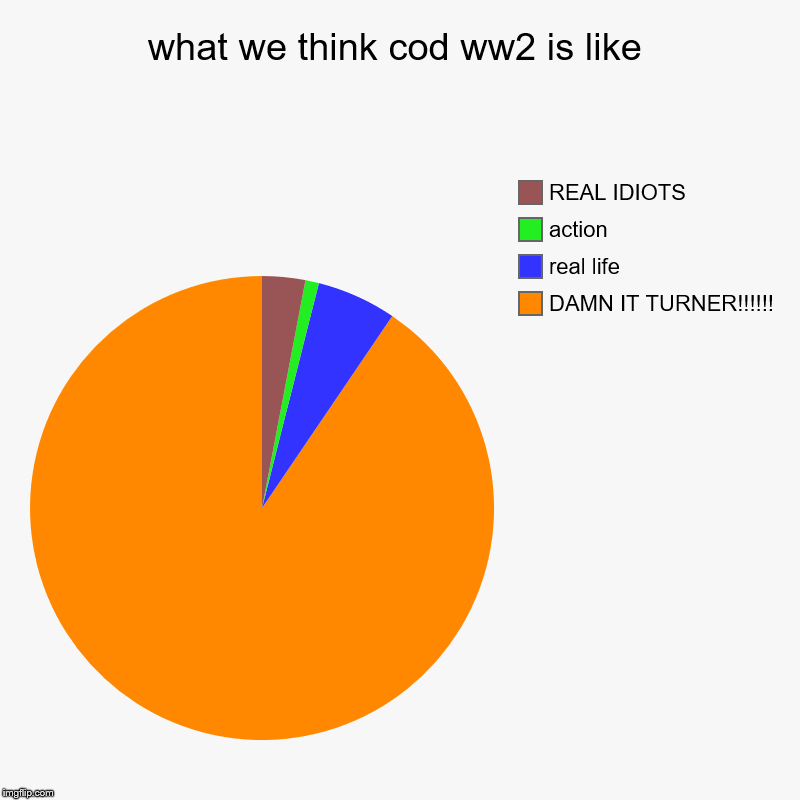 what we think cod ww2 is like | DAMN IT TURNER!!!!!!, real life, action, REAL IDIOTS | image tagged in charts,pie charts | made w/ Imgflip chart maker