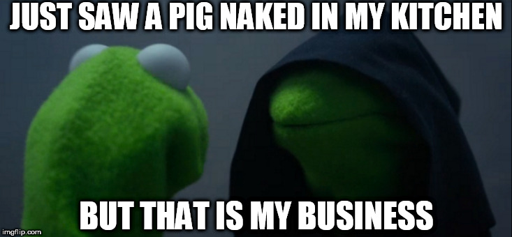 Kermit's a   MACK | JUST SAW A PIG NAKED IN MY KITCHEN; BUT THAT IS MY BUSINESS | image tagged in memes,evil kermit,kermit the frog,his pig,but that's none of my business | made w/ Imgflip meme maker