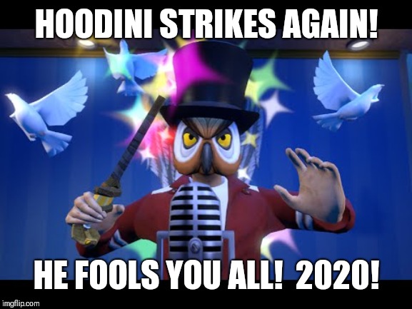 #BringbackHoodini2020 | HOODINI STRIKES AGAIN! HE FOOLS YOU ALL!  2020! | image tagged in hoodini | made w/ Imgflip meme maker