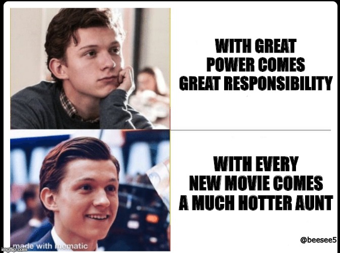 WITH GREAT POWER COMES GREAT RESPONSIBILITY; WITH EVERY NEW MOVIE COMES A MUCH HOTTER AUNT; @beesee5 | image tagged in spiderman | made w/ Imgflip meme maker