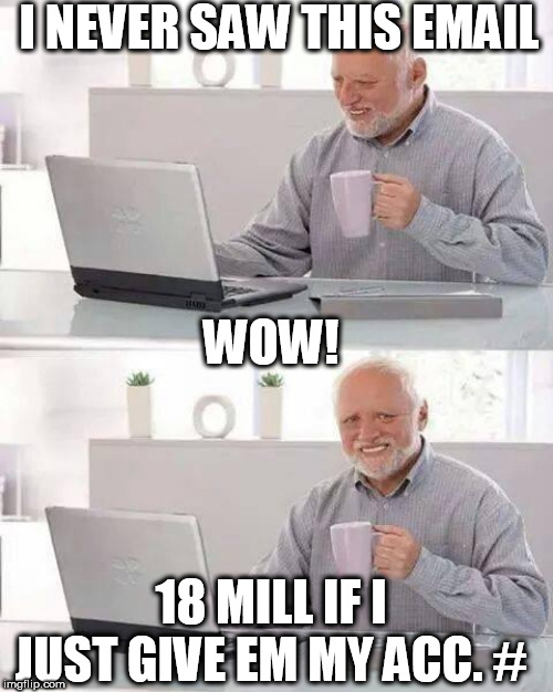 Don't do it  HAROLD!


they took all 14 cents out of Brian's account! | I NEVER SAW THIS EMAIL; WOW! 18 MILL IF I JUST GIVE EM MY ACC. # | image tagged in memes,hide the pain harold,its a scam,no dont do it | made w/ Imgflip meme maker