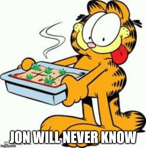 Garfield Lasagna | JON WILL NEVER KNOW | image tagged in garfield lasagna | made w/ Imgflip meme maker