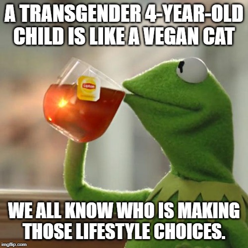A form of child abuse. |  A TRANSGENDER 4-YEAR-OLD CHILD IS LIKE A VEGAN CAT; WE ALL KNOW WHO IS MAKING THOSE LIFESTYLE CHOICES. | image tagged in memes,but thats none of my business,kermit the frog | made w/ Imgflip meme maker