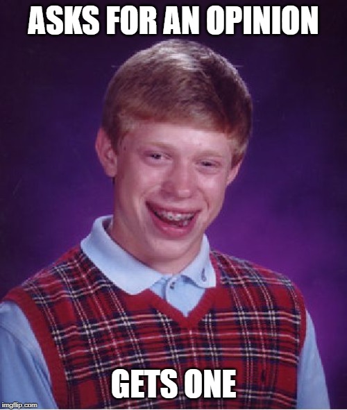 Bad Luck Brian | ASKS FOR AN OPINION; GETS ONE | image tagged in memes,bad luck brian | made w/ Imgflip meme maker