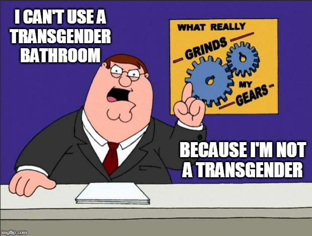 Peter Griffin - Grind My Gears | I CAN'T USE A
TRANSGENDER
BATHROOM; BECAUSE I'M NOT
A TRANSGENDER | image tagged in peter griffin - grind my gears | made w/ Imgflip meme maker