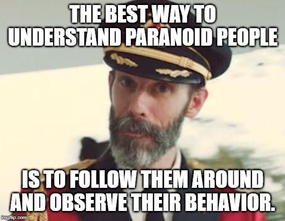 I aways feel that...somebody's watching meeeee | THE BEST WAY TO UNDERSTAND PARANOID PEOPLE; IS TO FOLLOW THEM AROUND AND OBSERVE THEIR BEHAVIOR. | image tagged in captain obvious,paranoid parrot,funny,funny memes | made w/ Imgflip meme maker