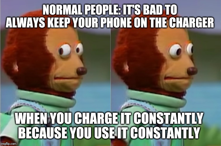 puppet Monkey looking away | NORMAL PEOPLE: IT'S BAD TO ALWAYS KEEP YOUR PHONE ON THE CHARGER; WHEN YOU CHARGE IT CONSTANTLY BECAUSE YOU USE IT CONSTANTLY | image tagged in puppet monkey looking away | made w/ Imgflip meme maker