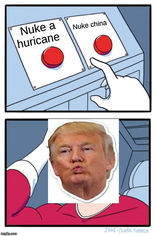 Trump's plan | Nuke china; Nuke a huricane | image tagged in memes,two buttons | made w/ Imgflip meme maker