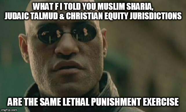 Matrix Morpheus Meme |  WHAT F I TOLD YOU MUSLIM SHARIA, JUDAIC TALMUD & CHRISTIAN EQUITY JURISDICTIONS; ARE THE SAME LETHAL PUNISHMENT EXERCISE | image tagged in memes,matrix morpheus | made w/ Imgflip meme maker