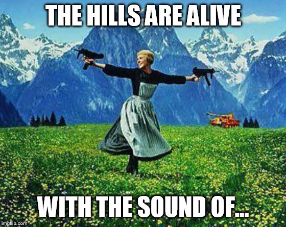 Julie Andrews Machine Guns |  THE HILLS ARE ALIVE; WITH THE SOUND OF... | image tagged in julie andrews machine guns | made w/ Imgflip meme maker