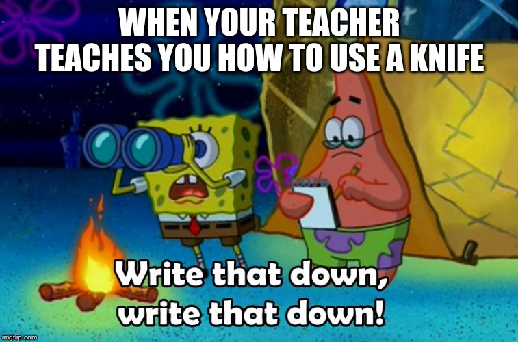 write that down | WHEN YOUR TEACHER TEACHES YOU HOW TO USE A KNIFE | image tagged in write that down | made w/ Imgflip meme maker