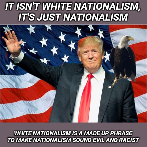 Being proud of your country and putting your country first isn't wrong or racist. Quit making crap up. | IT ISN'T WHITE NATIONALISM, IT'S JUST NATIONALISM; WHITE NATIONALISM IS A MADE UP PHRASE TO MAKE NATIONALISM SOUND EVIL AND RACIST | image tagged in trump nationalism maga,white nationalism | made w/ Imgflip meme maker