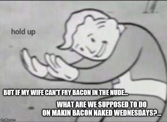 Fallout Hold Up | BUT IF MY WIFE CAN'T FRY BACON IN THE NUDE... WHAT ARE WE SUPPOSED TO DO ON MAKIN BACON NAKED WEDNESDAYS?... | image tagged in fallout hold up | made w/ Imgflip meme maker