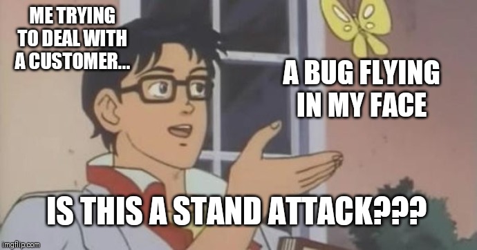 Is This a Pigeon | ME TRYING TO DEAL WITH A CUSTOMER... A BUG FLYING IN MY FACE; IS THIS A STAND ATTACK??? | image tagged in is this a pigeon | made w/ Imgflip meme maker