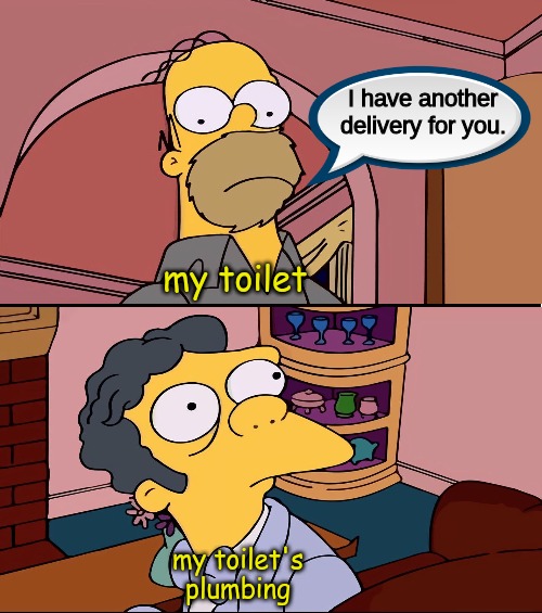 I have another delivery for you. my toilet; my toilet's plumbing | image tagged in memes,bathroom | made w/ Imgflip meme maker