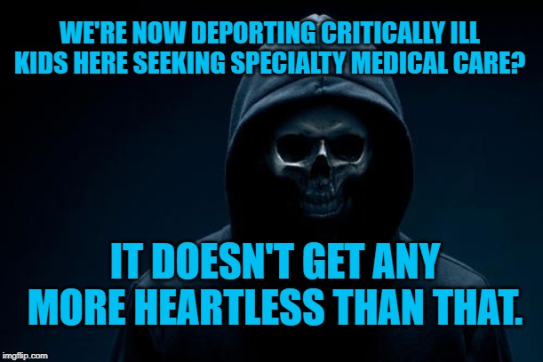 America the Hearless | WE'RE NOW DEPORTING CRITICALLY ILL KIDS HERE SEEKING SPECIALTY MEDICAL CARE? IT DOESN'T GET ANY MORE HEARTLESS THAN THAT. | image tagged in politics | made w/ Imgflip meme maker