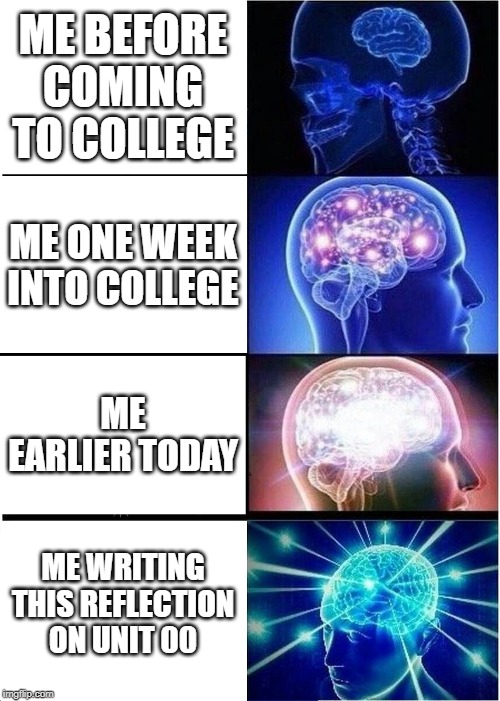 Expanding Brain Meme | ME BEFORE COMING TO COLLEGE; ME ONE WEEK INTO COLLEGE; ME EARLIER TODAY; ME WRITING THIS REFLECTION ON UNIT 00 | image tagged in memes,expanding brain | made w/ Imgflip meme maker