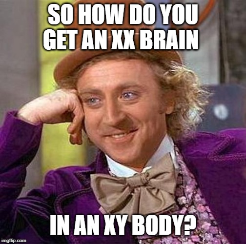 Creepy Condescending Wonka Meme | SO HOW DO YOU GET AN XX BRAIN IN AN XY BODY? | image tagged in memes,creepy condescending wonka | made w/ Imgflip meme maker