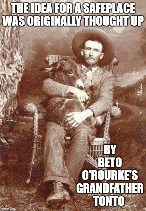 Things You Wish You Didn't Know about Beto O'Rouke's Family | THE IDEA FOR A SAFEPLACE WAS ORIGINALLY THOUGHT UP; BY BETO O'ROURKE'S GRANDFATHER TONTO | image tagged in vince vance,tonto,beto,donkey,safe space,mule | made w/ Imgflip meme maker