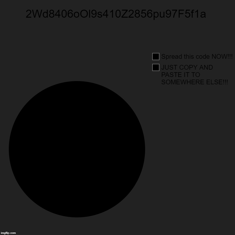 This is a warning, and the creator of the universe wants YOU to paste this code and let others decode it! :/ | 2Wd8406oOl9s410Z2856pu97F5f1a | JUST COPY AND PASTE IT TO SOMEWHERE ELSE!!!, Spread this code NOW!!! | image tagged in charts,pie charts,funny memes,memes,code,spirituality | made w/ Imgflip chart maker