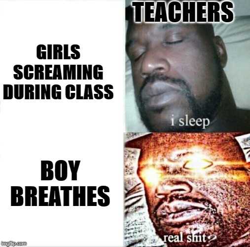 Sleeping Shaq Meme | TEACHERS; GIRLS SCREAMING DURING CLASS; BOY BREATHES | image tagged in memes,sleeping shaq | made w/ Imgflip meme maker