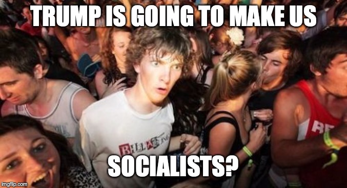 Sudden Clarity Clarence Meme | TRUMP IS GOING TO MAKE US SOCIALISTS? | image tagged in memes,sudden clarity clarence | made w/ Imgflip meme maker